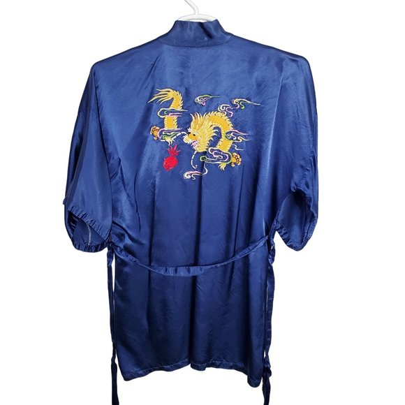 Health Shanghai Size M Kimono Robe Silky Rayon Embroidered Dragon Tie Belt Blue - Picture 4 of 14